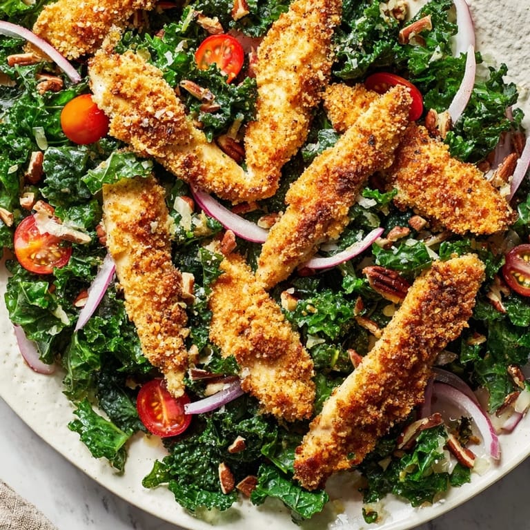 Plated for a light dinner, the Crispy Chicken Kale Salad combines crunchy chicken, toasted pecans, and shaved Parmesan over massaged kale.