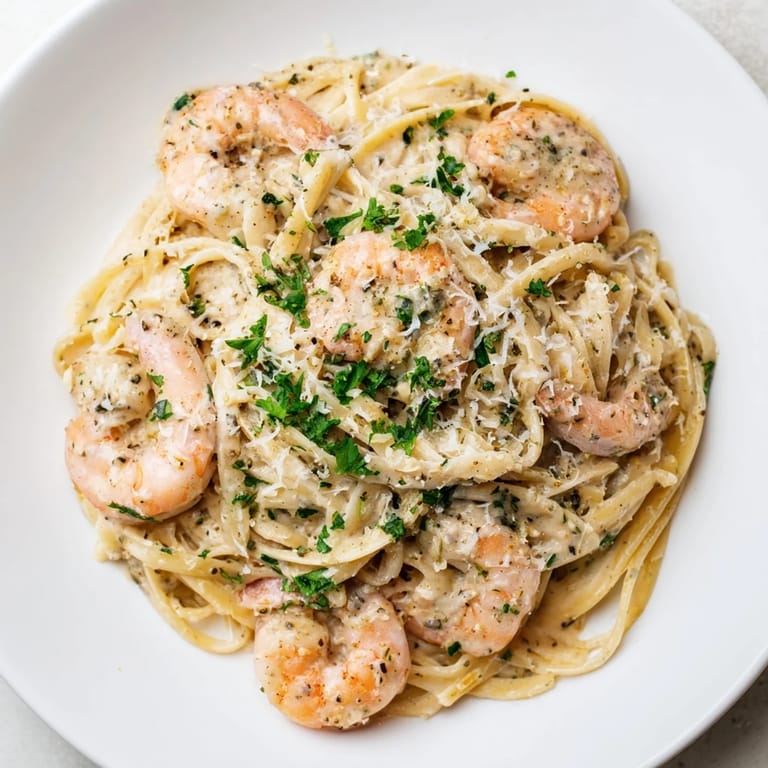 Serve Creamy Garlic Shrimp Pasta steaming from the pan, with a sprinkle of red pepper flakes and a glass of crisp white wine.