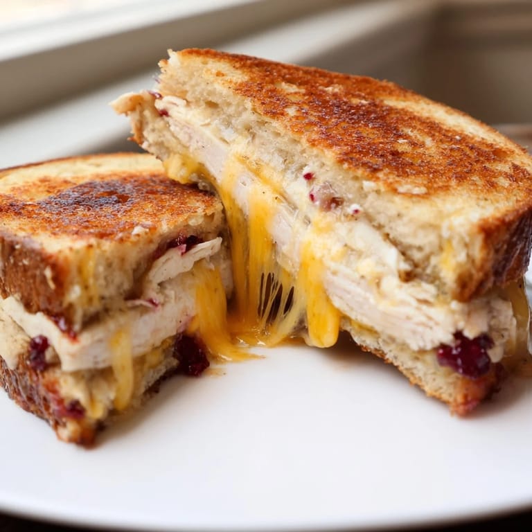 Buttery grilled sandwich filled with smoked turkey, sharp cheddar, and cranberry-mustard spread, ready to serve on a wooden board.