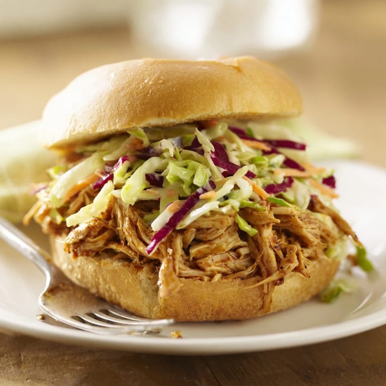 A close-up of a juicy pulled chicken sandwich, where the smoky barbecue sauce glistens on shredded meat beneath a fresh, crunchy slaw topping.