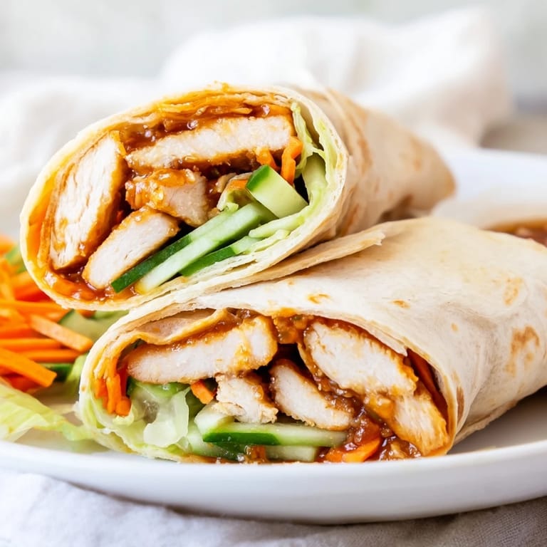 Golden pan-seared chicken pieces glisten with honey chili crisp sauce, layered with crunchy lettuce and cucumber in a soft tortilla.