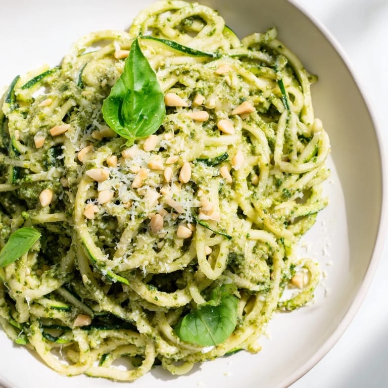 Zucchini noodles with pesto served warm in a white bowl with lemon wedge.  