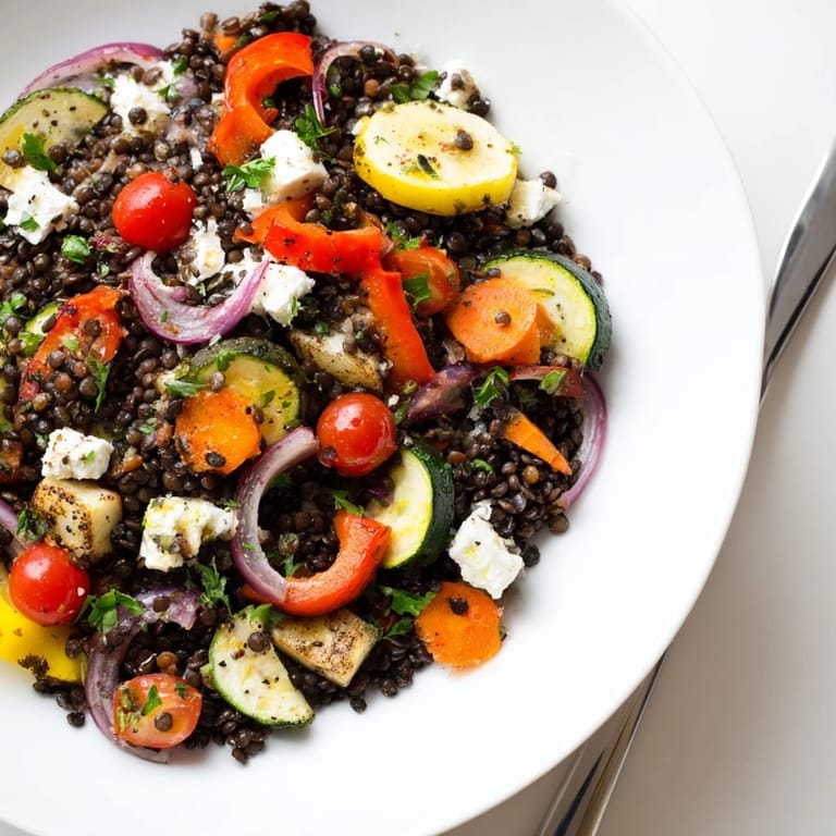 Freshly roasted vegetables, including diced carrots and red onions, are tossed into a warm bowl of Black Lentil Salad with Roasted Vegetables. The mix showcases deep black lentils and bright cherry tomatoes, perfect for a nutritious Mediterranean lunch or dinner.