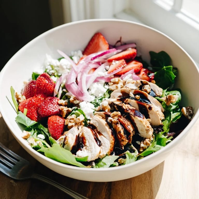 Juicy strawberries and crumbled feta top mixed greens with warm grilled chicken and a tangy balsamic drizzle.