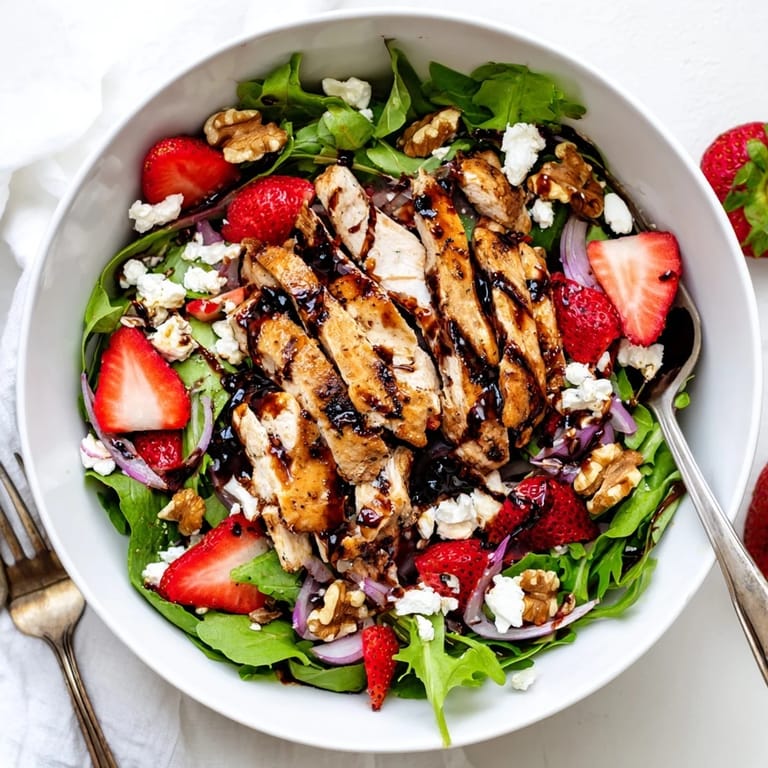 Colorful strawberry balsamic chicken salad with toasted pecans and red onion on greens, ready for a summer lunch.