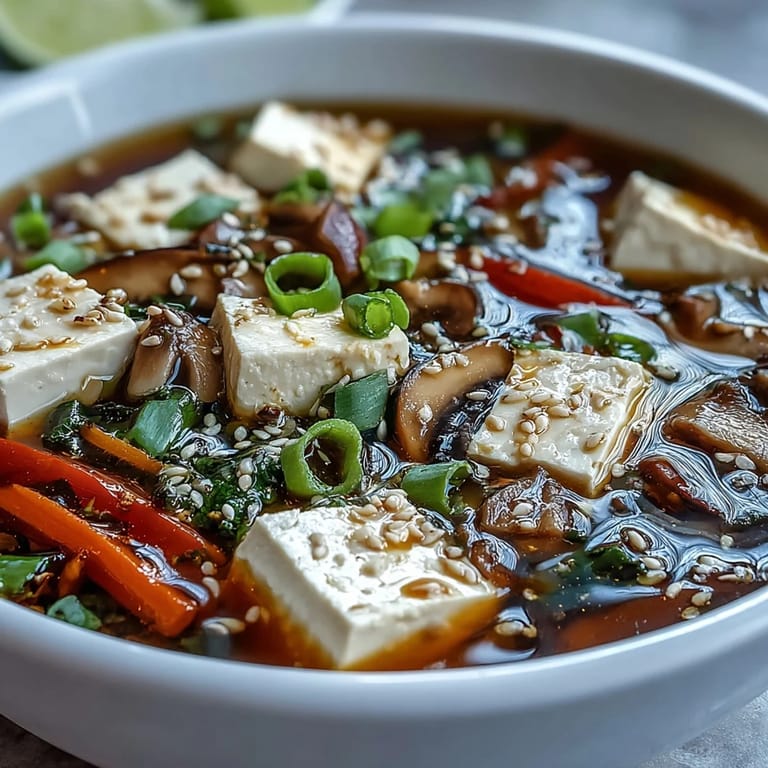 Asian-inspired Tofu and Vegetable Soup, hearty with fresh greens and tender tofu.
