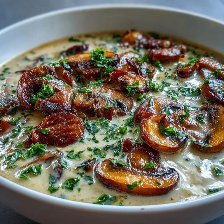 A rustic bowl of Creamy Mushroom Soup topped with fresh parsley, steam rising gently.