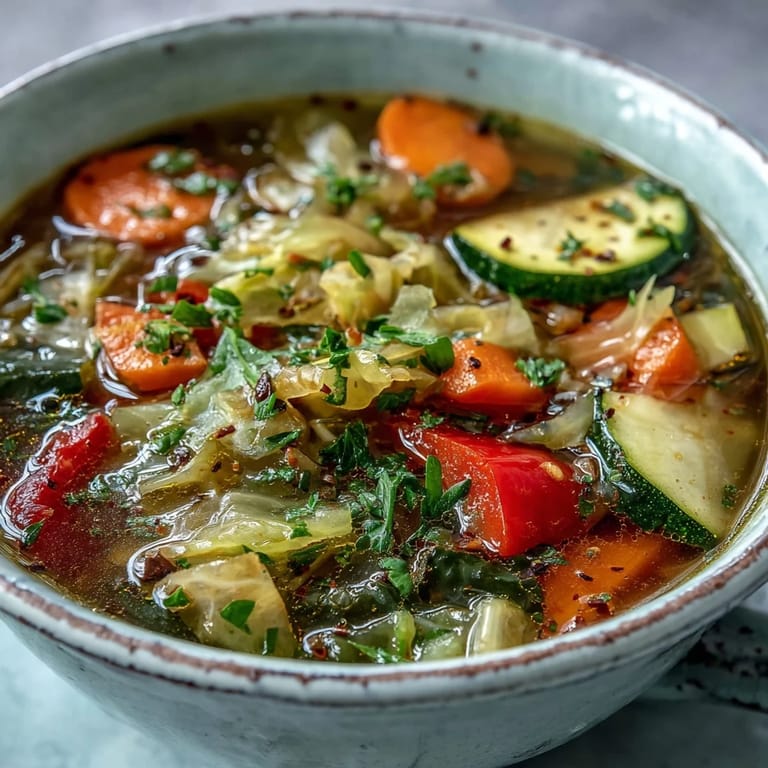 A close-up of a warm bowl of Cabbage Soup garnished with fresh parsley, showcasing tender vegetables in clear broth.