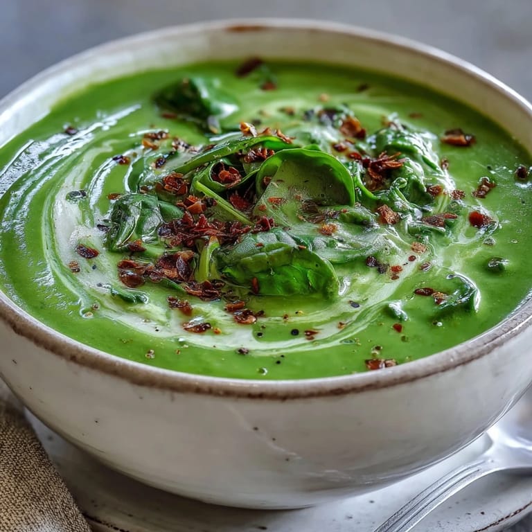 A rustic bowl of homemade Spinach Soup with crusty bread on the side for dipping, ready to enjoy.