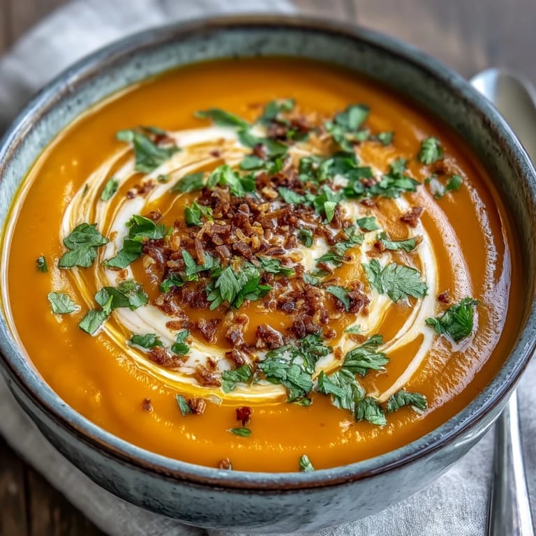 Vibrant orange Carrot and Coconut Soup simmering in a pot, topped with fresh cilantro and a lime wedge.