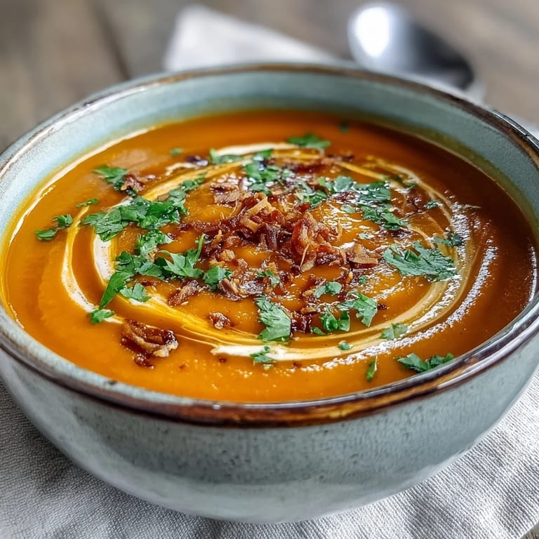 A bowl of golden Carrot and Coconut Soup beside fresh carrots, coconut milk, and crusty artisan bread.