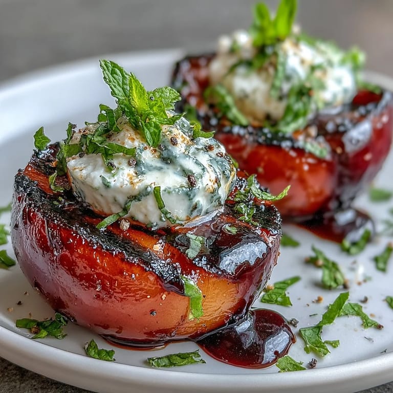 Plum halves with deep grill marks, garnished with soft cheese and balsamic reduction for a light dessert.