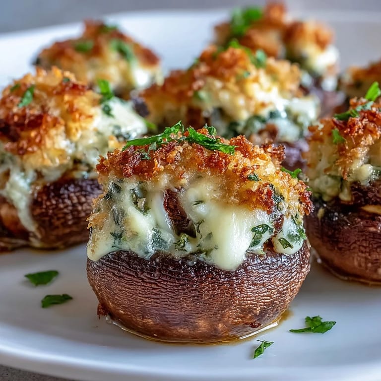 Freshly baked Stuffed Asiago-Basil Mushrooms on a rustic wooden board, ready for a party appetizer spread with white wine.
