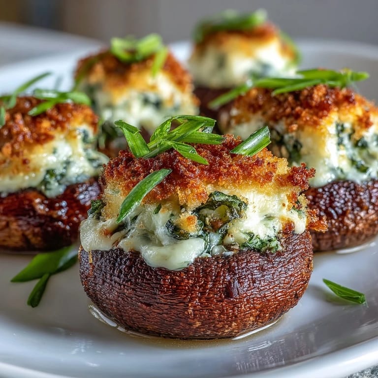 Close-up view of warm Stuffed Asiago-Basil Mushrooms, highlighting savory breadcrumbs, melted cheese, and a vibrant basil topping.