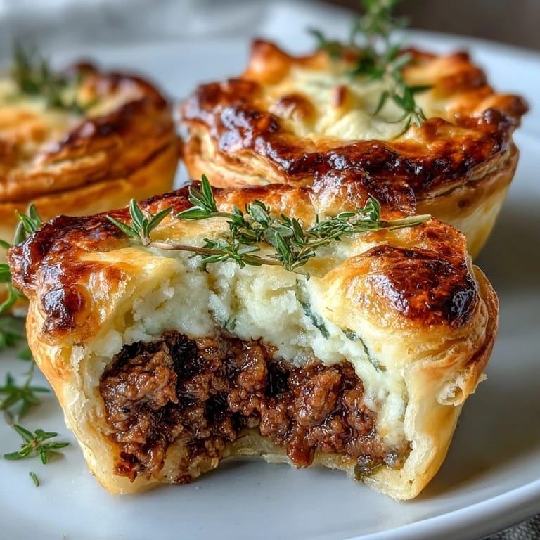 Freshly baked Mini Beef Tourtières on a wooden board with a small bowl of Dijon mustard.
