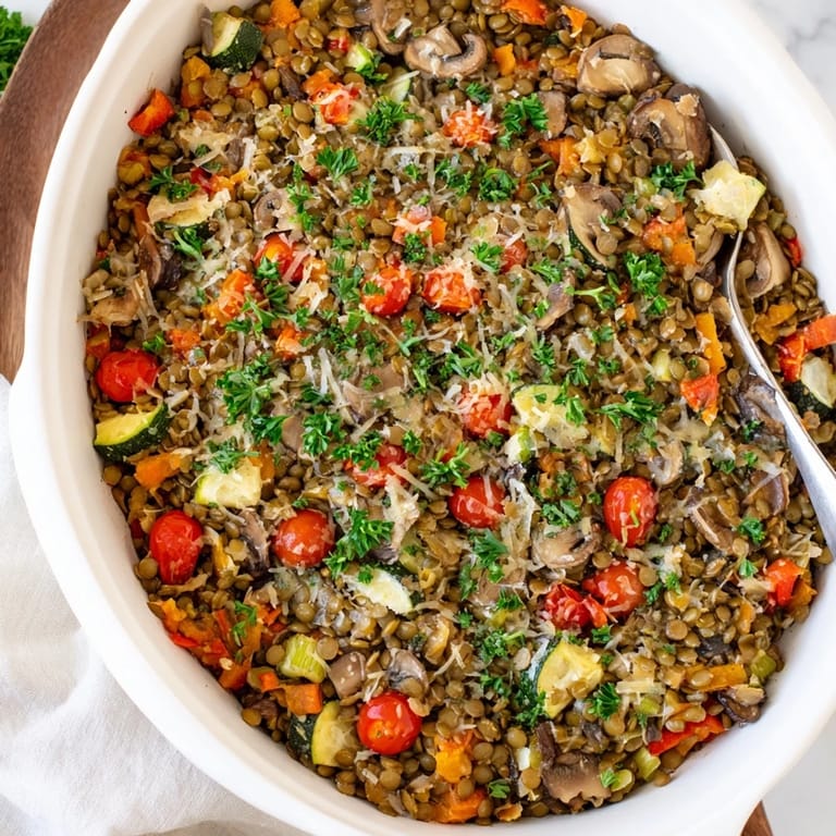 Freshly baked Green Lentil and Vegetable Casserole in a white dish, topped with melted Parmesan and herbs, ready to serve.