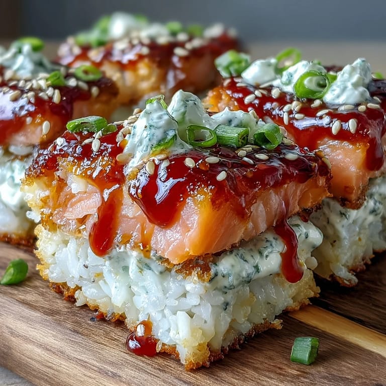 A close-up view of the savory Spicy Salmon Sushi Bake, garnished with drizzled sriracha mayo and green onions.
