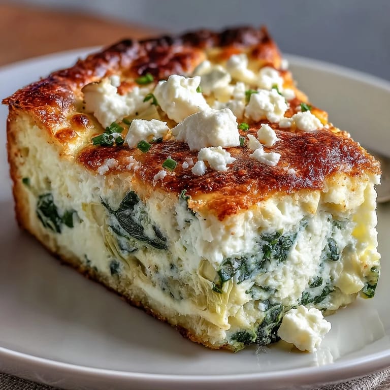 Creamy High Protein Spinach Artichoke Bake reveals green spinach and tender artichoke hearts in a slice.