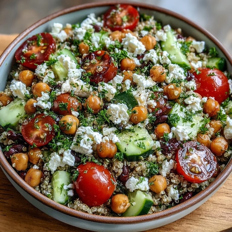 Fluffy quinoa and hearty chickpeas tossed with crisp vegetables and fresh herbs, drizzled with lemon dressing, ready to serve immediately.