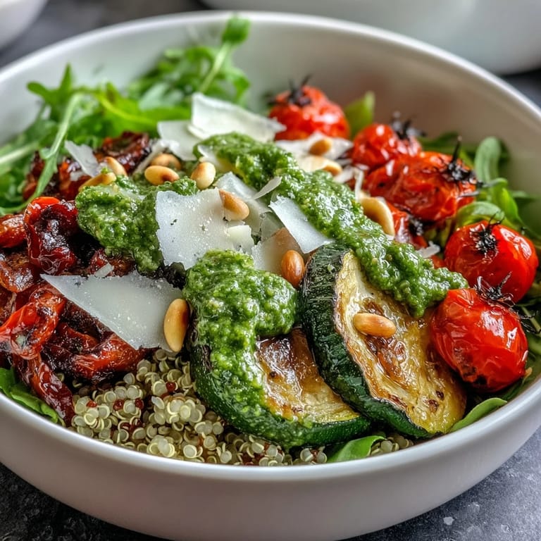 Fork-ready Arugula Pesto Bowl garnished with shaved Parmesan and pine nuts, featuring fresh arugula and tender roasted vegetables.