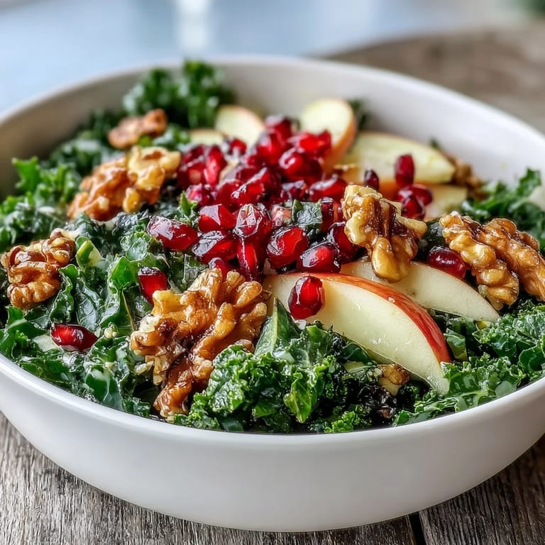 Vivid close-up of a nutrient-packed Kale and Pomegranate Bowl with olive oil-dressed kale, sweet apple wedges, juicy pomegranate seeds, and walnuts on a white plate.