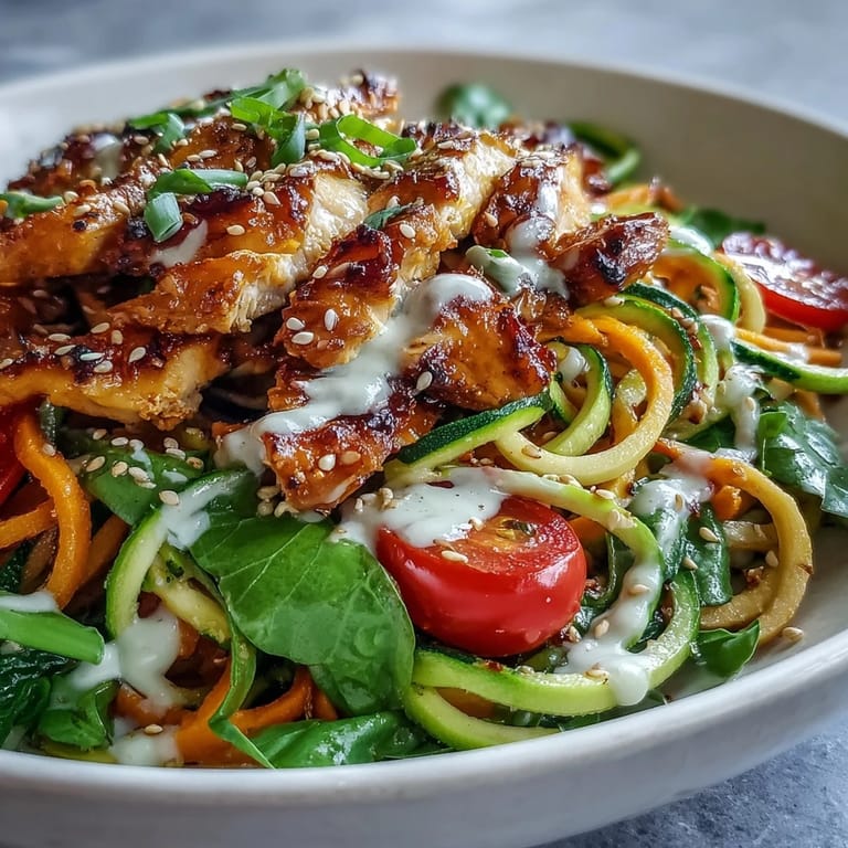 Colorful Spiralized Vegetable Bowl featuring sautéed veggie noodles, cherry tomatoes, spinach, and tofu drizzled with lemon-tahini dressing.