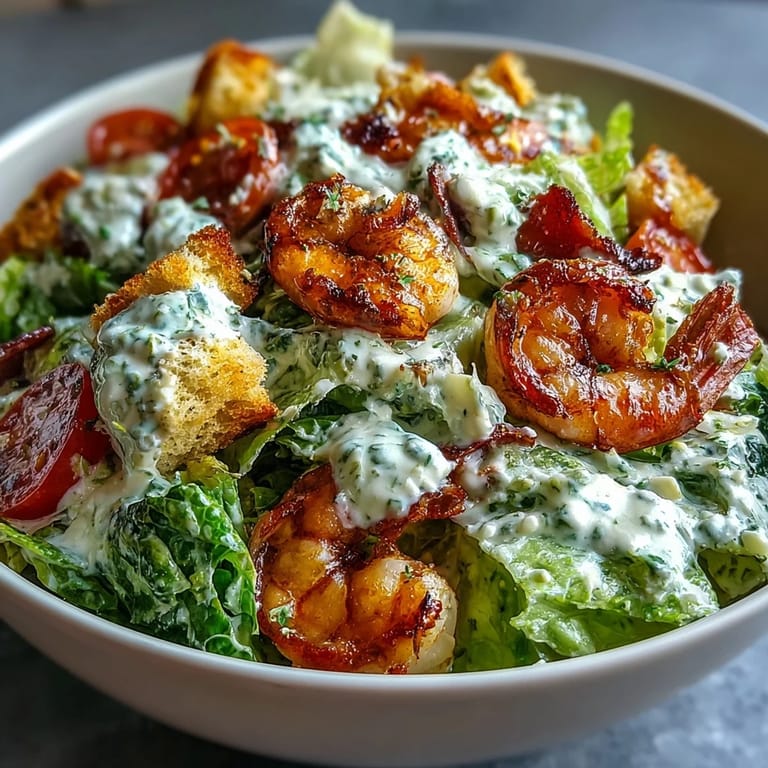 Hearty Romaine Caesar Bowl featuring crisp romaine, roasted chickpeas, and homemade croutons, drizzled with creamy Caesar dressing.