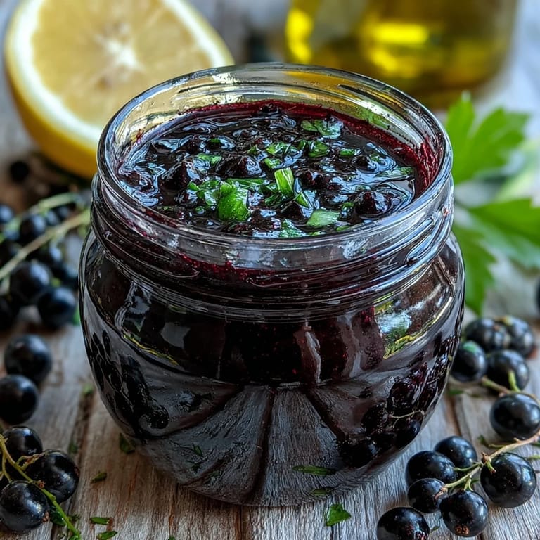 Vibrant Black Currant Vinaigrette in a jar with fresh salad ingredients on the side.