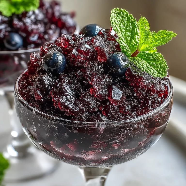 A fork fluffs the sparkling Black Currant Granita in a metal pan, showing off the bold purple color and crystalline flakes.