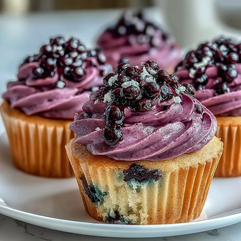 Olive Oil Cupcakes With Black Currant Frosting on a platter for tea.