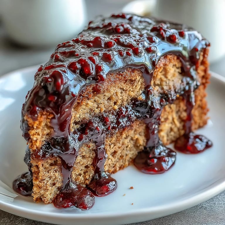 A slice of PB and J Cake With Black Currant Sauce reveals a hidden jam center.