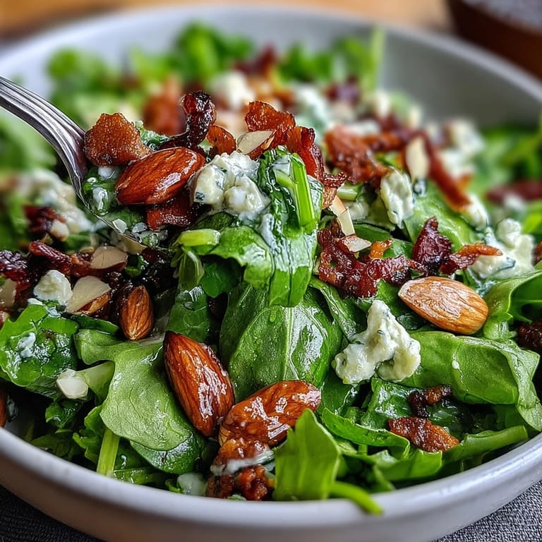 A vibrant, fresh salad featuring mixed spring greens, crunchy toasted almonds, and a zesty honey mustard vinaigrette, perfect for a light lunch.  