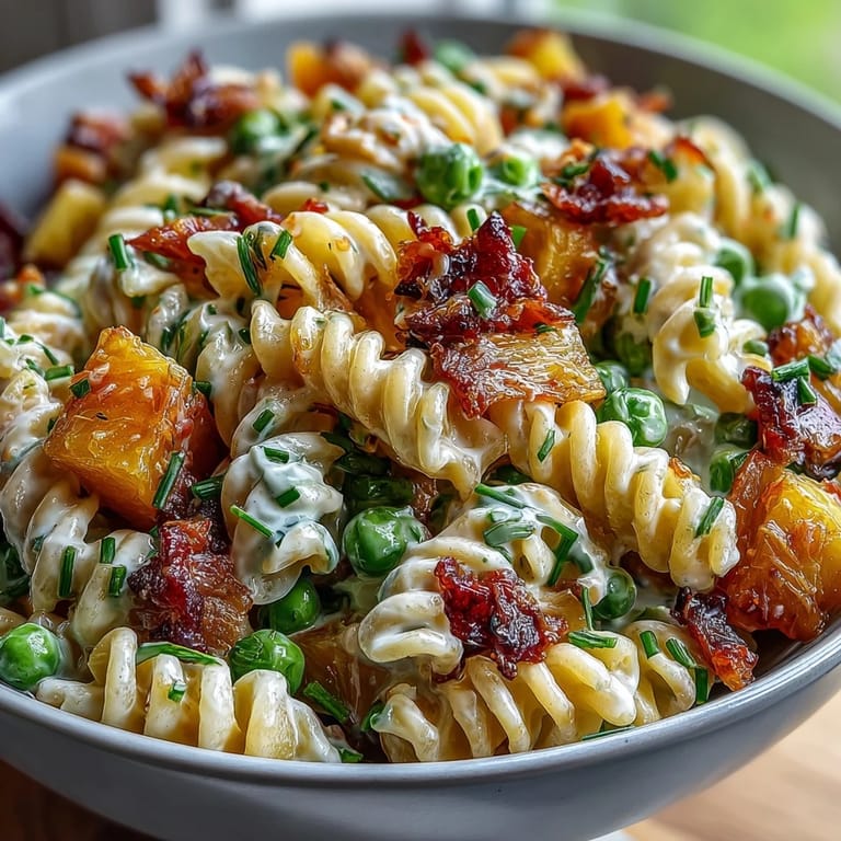Creamy Hawaiian pasta salad featuring ham, pineapple, and ranch dressing, a refreshing picnic side dish.  