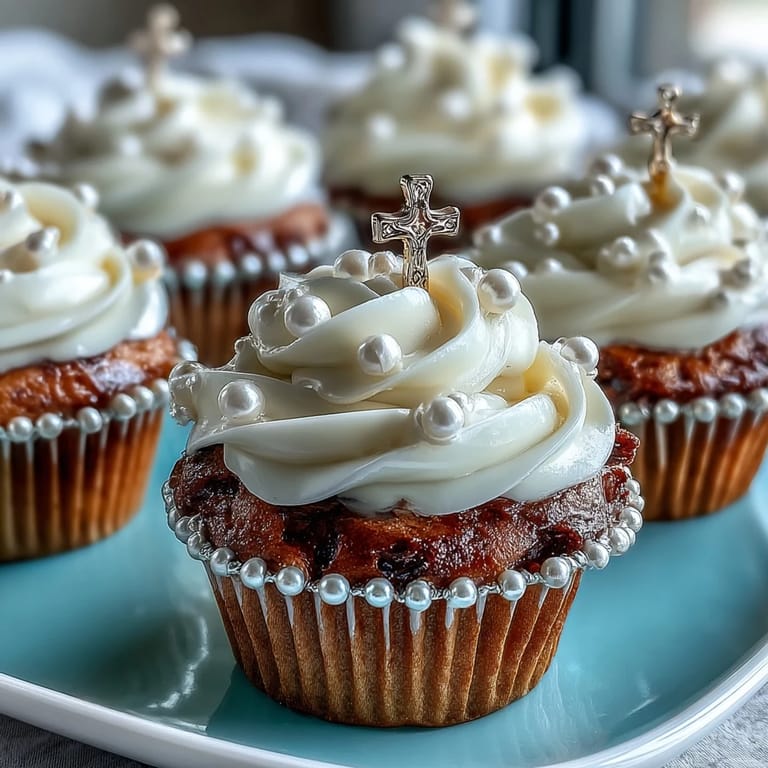 Delicate vanilla mini cupcakes topped with buttercream and elegant fondant rosary decorations, perfect for religious milestone events.