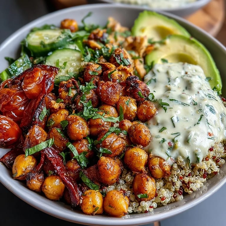Fresh and colorful Lemon Vinaigrette Grain Bowls, featuring roasted chickpeas, avocado, and a tangy citrus dressing for a nourishing meal.  