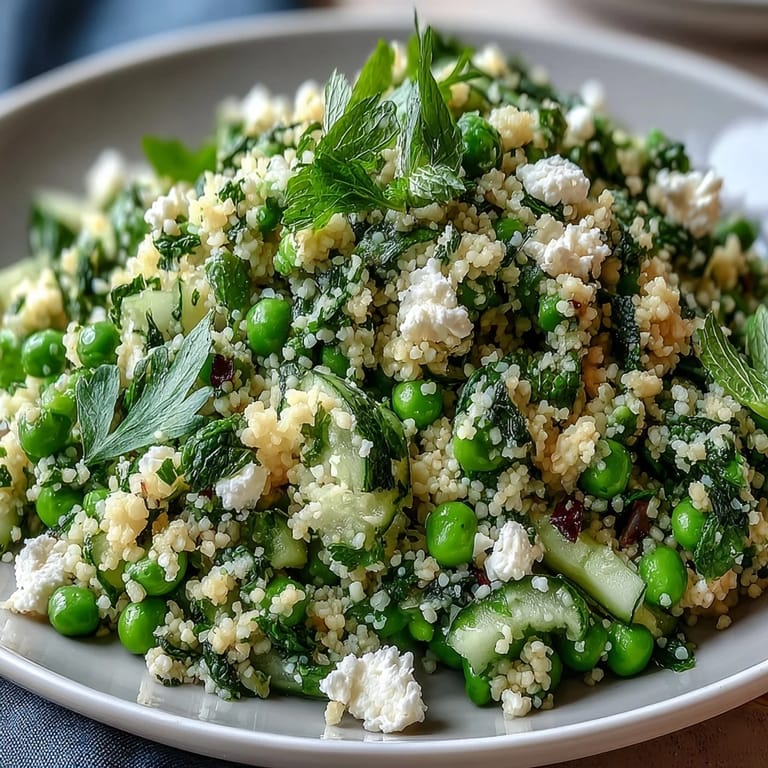 Vibrant couscous salad with tender spring peas, fresh mint, and crisp cucumbers, tossed in zesty lemon dressing for a refreshing side.