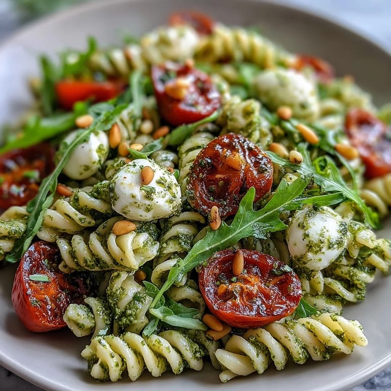 Colorful bowl of summer pasta salad with cherry tomatoes, mozzarella, and pesto, served on a rustic wooden table with fresh basil garnish.