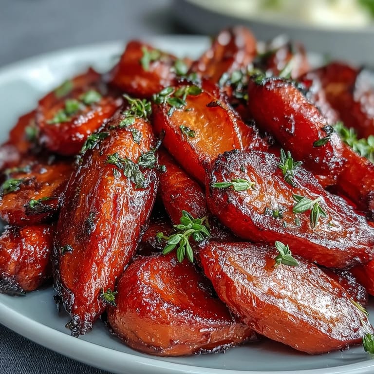 Sweet and savory Honey Glazed Roasted Carrots with Thyme, oven-roasted until caramelized, offering a bright, fresh side dish for special occasions.