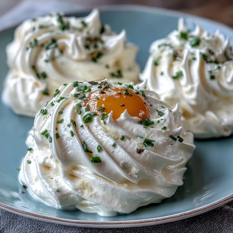 Whipped egg white clouds topped with runny yolks, a light and airy dish perfect for a stunning brunch centerpiece.