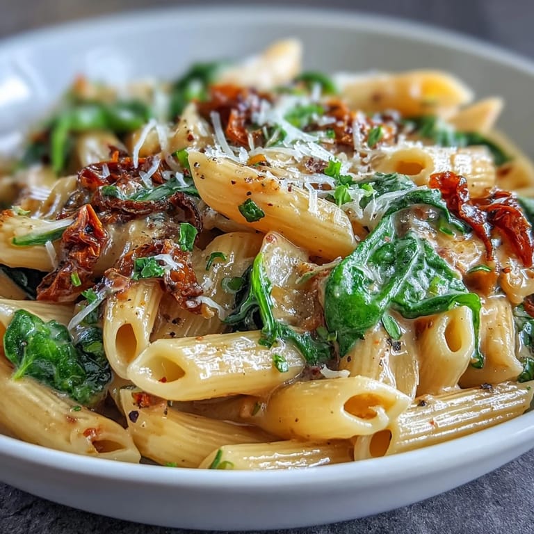 One-Pot Tuscan Pasta featuring al dente penne, wilted spinach, and sun-dried tomatoes in a creamy herb sauce.