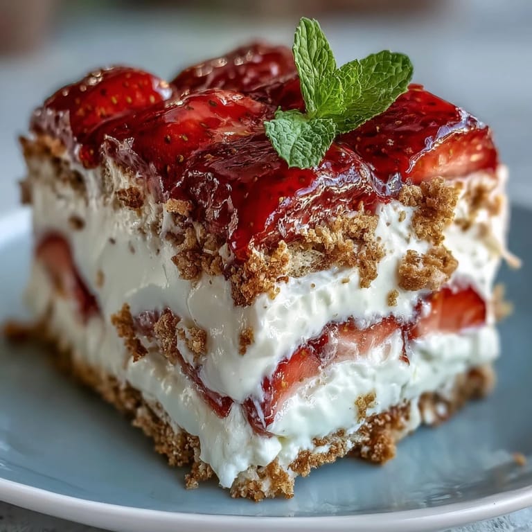 Chilled icebox cake with juicy strawberries and creamy whipped layers, topped with blueberries and mint for a patriotic summer dessert.