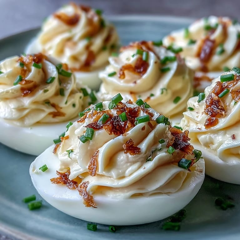 Everything bagel deviled eggs with tangy cream cheese filling, perfect for brunch or gatherings.  