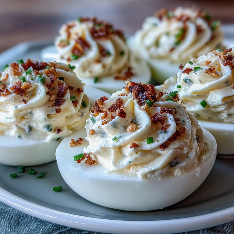 Deviled eggs filled with smooth cream cheese mixture and sprinkled with bold everything bagel seasoning.