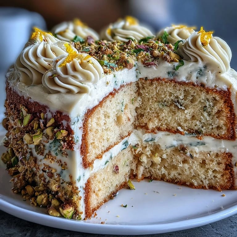 Elegant layered lemon pistachio cake with fresh lemon zest, creamy frosting, and chopped pistachios, a stunning dessert for birthdays.