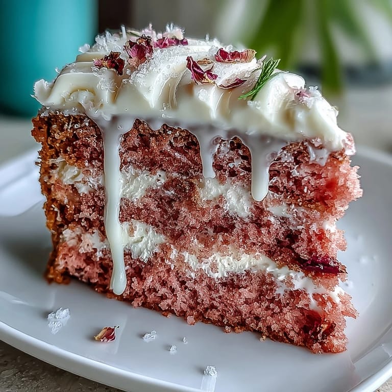Showstopping rosé wine velvet cake layered with rich cream cheese frosting and adorned with shimmering gold drip decoration.