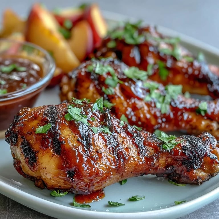 Juicy BBQ chicken drumsticks coated in a sticky, sweet peach glaze.