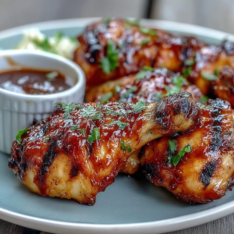 Vibrant BBQ chicken drumsticks, featuring a caramelized spicy peach sauce.