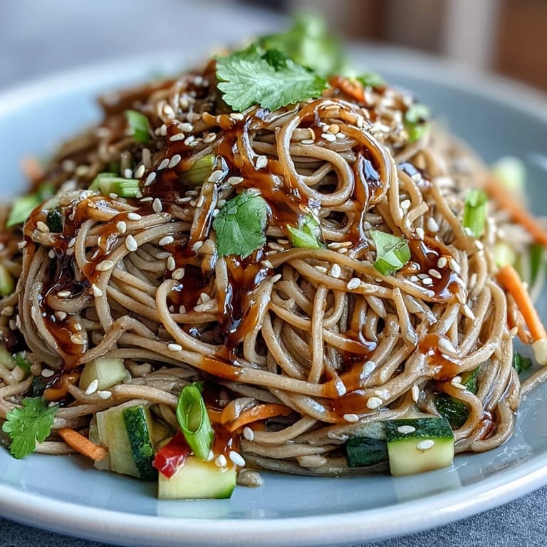 A visually appealing plate of cold soba noodle salad, ready for a delicious bite.