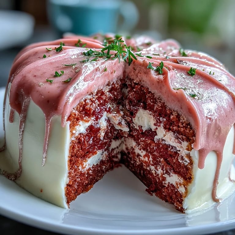 Decadent Bridal Shower Rosé Velvet Cake, beautifully frosted and dripping with gold.