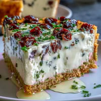 Close-up of a freshly baked Kalamata Cheesecake Appetizer with olives, herbs, and olive oil garnish.